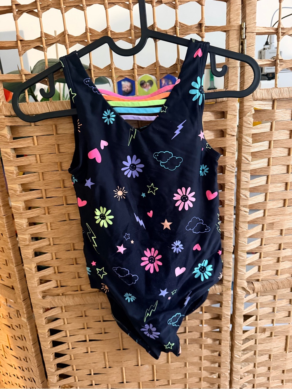 Place Black One-Piece Swimsuit with Neon Floral & Rainbow Straps